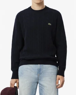 Maglia girocollo Lacoste blu in lambswool di pura lana lavorata a trecce