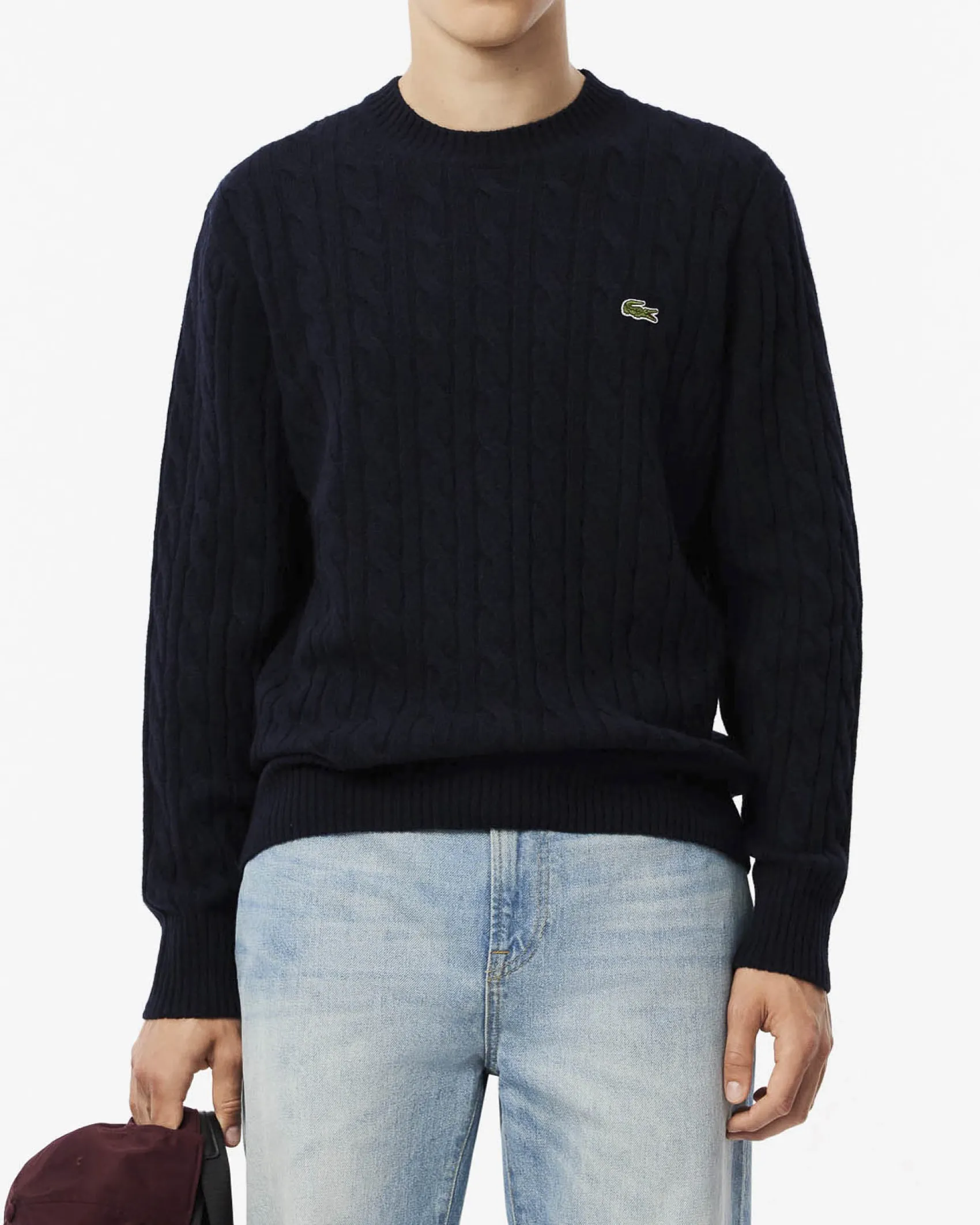 Maglia girocollo Lacoste blu in lambswool di pura lana lavorata a trecce