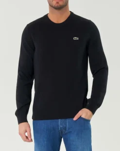 Maglia girocollo Lacoste nera regular-fit in cotone con logo ricamato sul petto