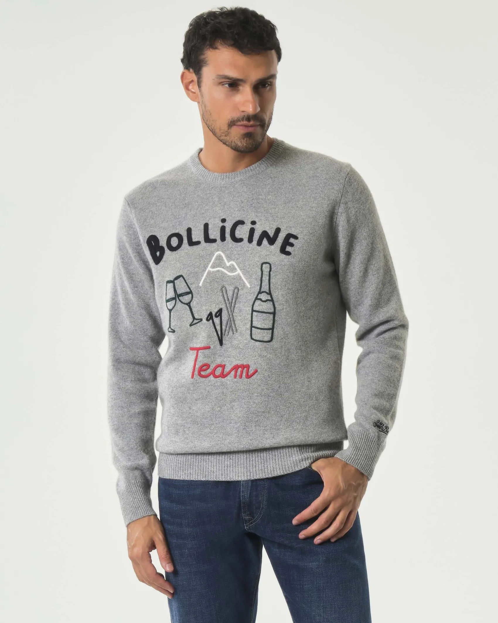 Maglia girocollo MC2 Saint Barth grigia in lana e cashmere con ricamo Bollicine Team