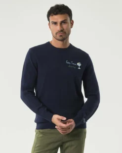 Maglia girocollo MC2 Saint Barth blu in lana e cashmere con ricamo Gin Tonic Champ! sul petto