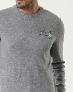 Maglia girocollo MC2 Saint Barth grigia in lana e cashmere con ricamo In Gin We Trust sul petto