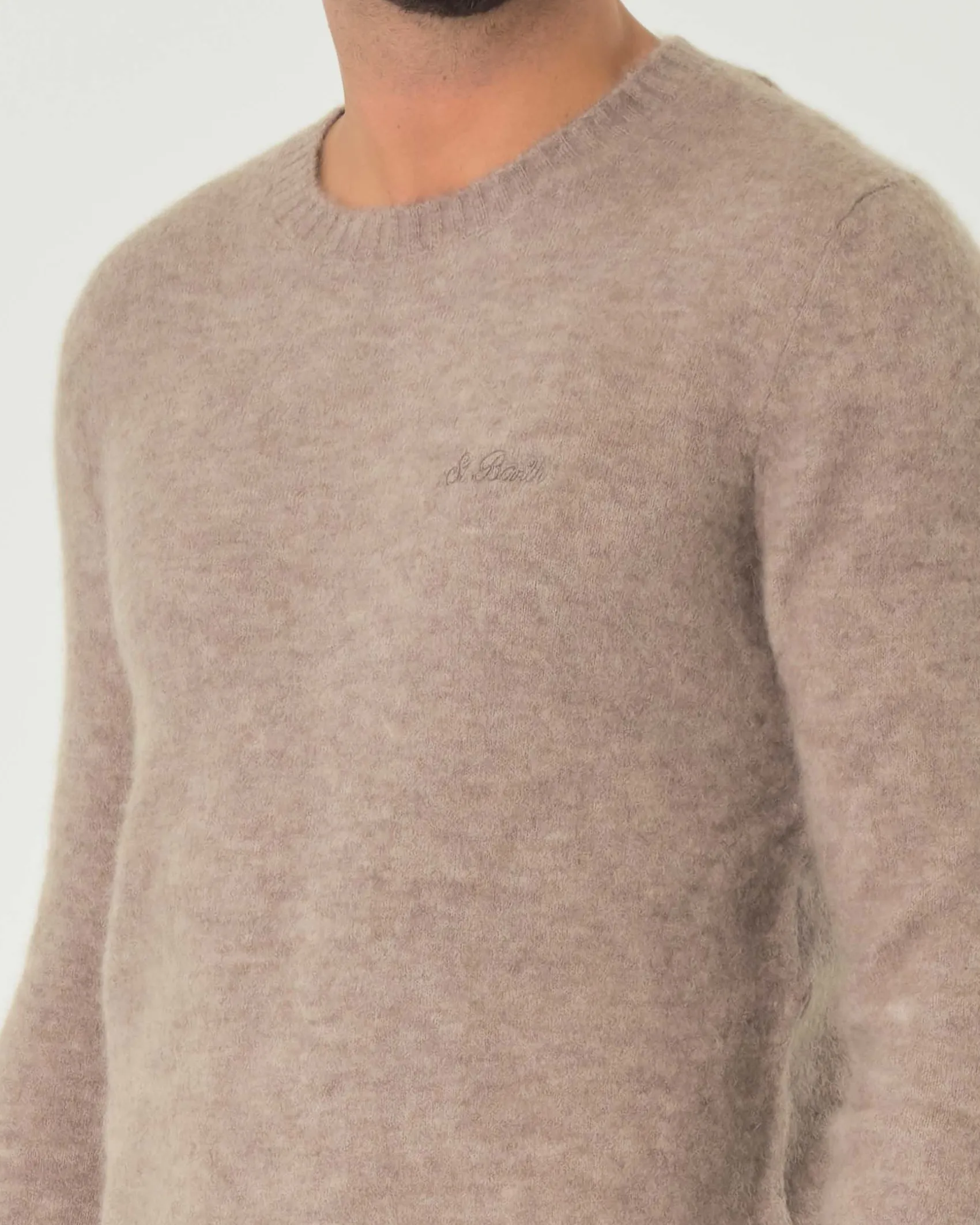 Maglia girocollo MC2 Saint Barth color noce in alpaca con logo ricamato in tono sul petto