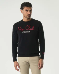Maglia girocollo MC2 Saint Barth nera in lana e cashmere con ricamo Vip Club Cortina
