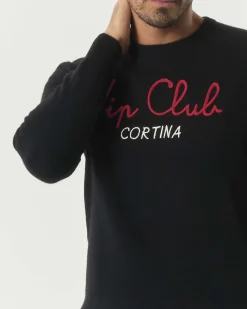 Maglia girocollo MC2 Saint Barth nera in lana e cashmere con ricamo Vip Club Cortina