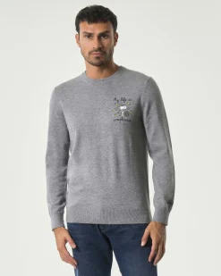 Maglia girocollo MC2 Saint Barth grigia in lana e cashmere con ricamo My Life Is Complicated