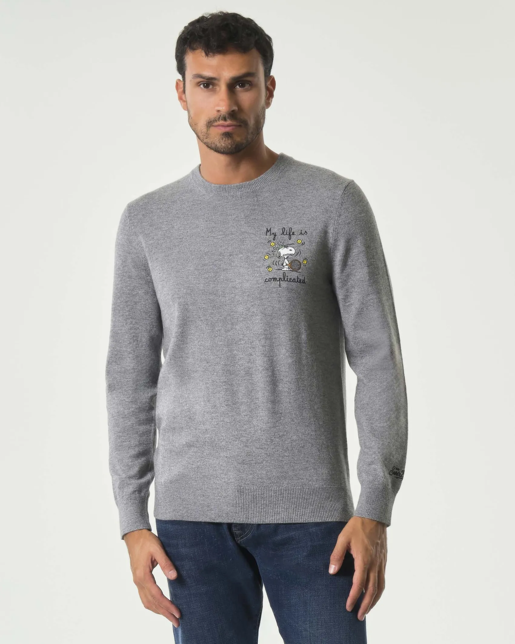 Maglia girocollo MC2 Saint Barth grigia in lana e cashmere con ricamo My Life Is Complicated
