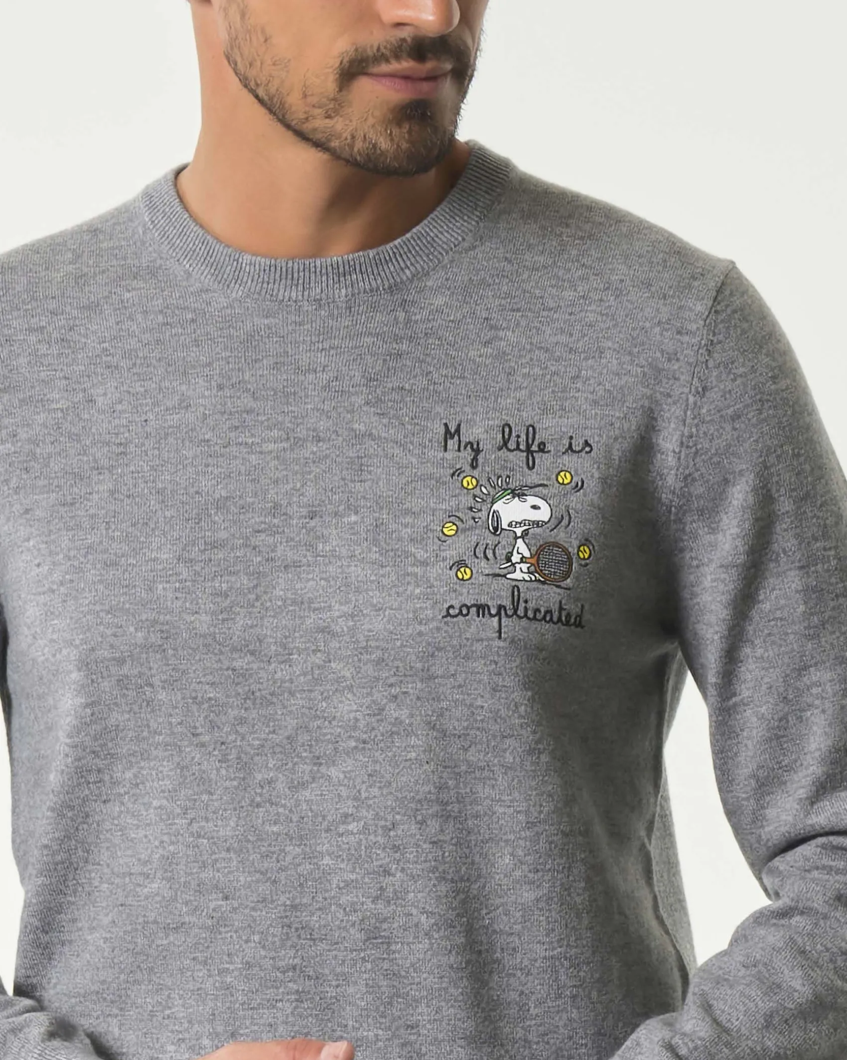 Maglia girocollo MC2 Saint Barth grigia in lana e cashmere con ricamo My Life Is Complicated