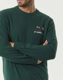 Maglia girocollo MC2 Saint Barth verde in lana e cashmere con ricamo It's Wine O'Clock sul petto