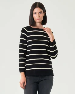 Maglia girocollo nera Emme Marella a righe bianche in misto viscosa con spacchi laterali