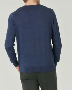 Maglia girocollo Pellizzari blu denim in pura lana merinos ultrafine