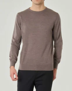 Maglia girocollo Pellizzari color noce melange in pura lana merinos ultrafine
