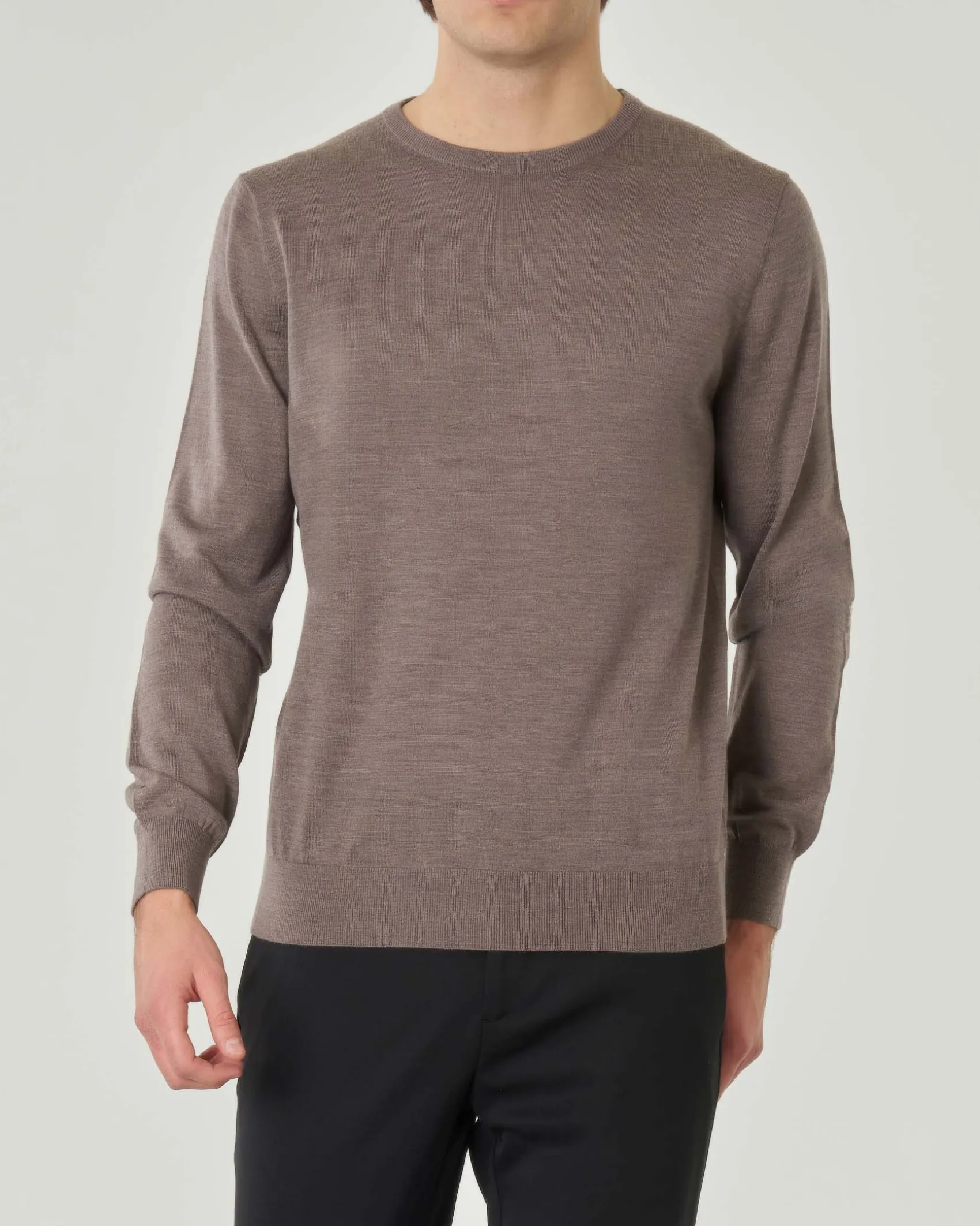 Maglia girocollo Pellizzari color noce melange in pura lana merinos ultrafine