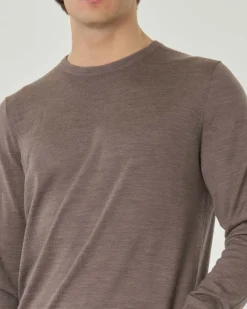 Maglia girocollo Pellizzari color noce melange in pura lana merinos ultrafine