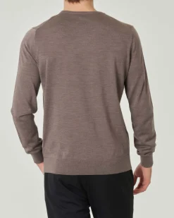 Maglia girocollo Pellizzari color noce melange in pura lana merinos ultrafine