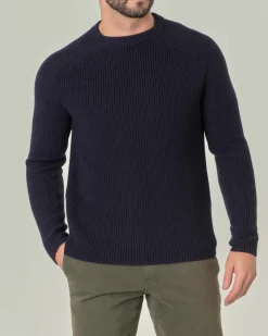 Maglia girocollo Pellizzari blu navy in pura lana merinos finezza 7 lavorato a coste inglesi