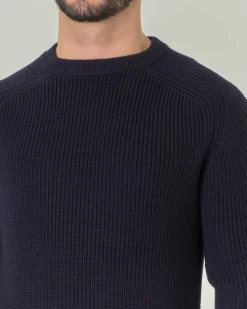 Maglia girocollo Pellizzari blu navy in pura lana merinos finezza 7 lavorato a coste inglesi