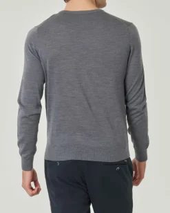 Maglia girocollo Pellizzari grigio melange in pura lana merinos ultrafine