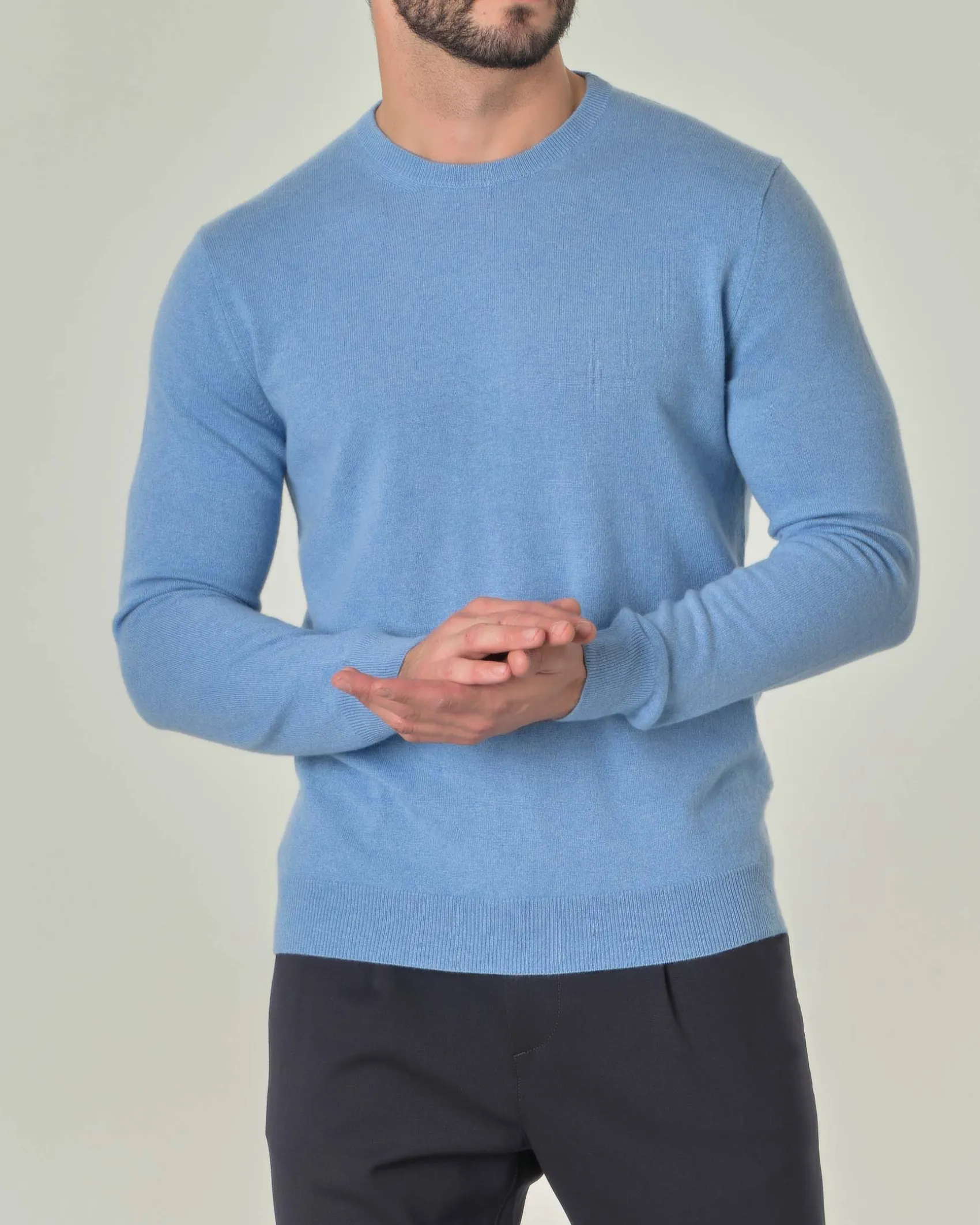 Maglia girocollo Pellizzari azzurra in puro cashmere