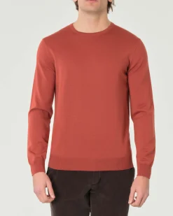 Maglia girocollo Pellizzari color aragosta in pura lana merino