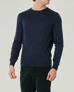 Maglia girocollo Pellizzari blu navy in pura lana merinos ultrafine