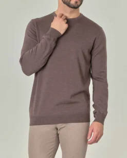 Maglia girocollo Pellizzari color noce in pura lana merino
