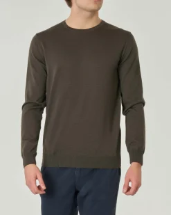 Maglia girocollo Pellizzari verde militare in pura lana merino