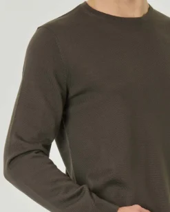 Maglia girocollo Pellizzari verde militare in pura lana merino