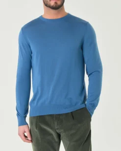 Maglia girocollo Pellizzari color celeste in pura lana merinos ultrafine