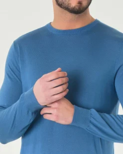 Maglia girocollo Pellizzari color celeste in pura lana merinos ultrafine
