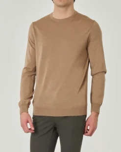 Maglia girocollo Pellizzari color cammello in pura lana merino