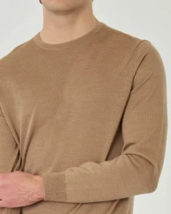 Maglia girocollo Pellizzari color cammello in pura lana merino