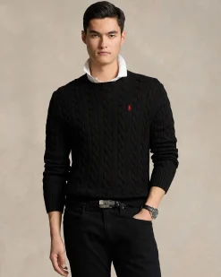 Maglia girocollo Polo Ralph Lauren nera a trecce in cotone con logo pony rosso ricamato sul petto