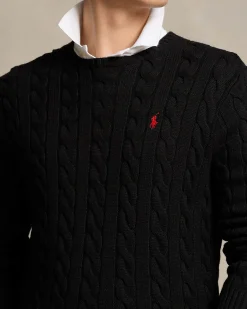 Maglia girocollo Polo Ralph Lauren nera a trecce in cotone con logo pony rosso ricamato sul petto