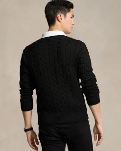 Maglia girocollo Polo Ralph Lauren nera a trecce in cotone con logo pony rosso ricamato sul petto