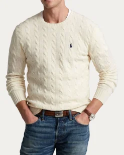 Maglia girocollo Polo Ralph Lauren color panna in lana e cashmere lavorata a trecce con logo pony ricamato in tono