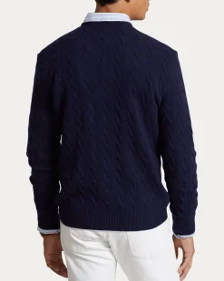 Maglia girocollo Polo Ralph Lauren blu in lana e cashmere lavorata a trecce con logo pony ricamato