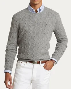 Maglia girocollo Polo Ralph Lauren grigia in lana e cashmere lavorata a trecce con logo pony ricamato in tono