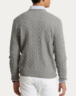 Maglia girocollo Polo Ralph Lauren grigia in lana e cashmere lavorata a trecce con logo pony ricamato in tono