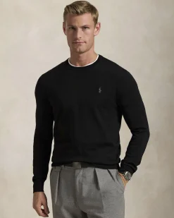 Maglia girocollo Polo Ralph Lauren nera in pura lana merino con logo pony ricamato in tono sul petto