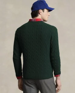 Maglia girocollo Polo Ralph Lauren verde in lana e cashmere lavorata a trecce con logo pony ricamato