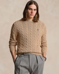Maglia girocollo Polo Ralph Lauren color cammello a trecce in cotone con logo pony blu ricamato sul petto