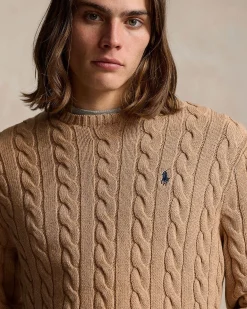 Maglia girocollo Polo Ralph Lauren color cammello a trecce in cotone con logo pony blu ricamato sul petto