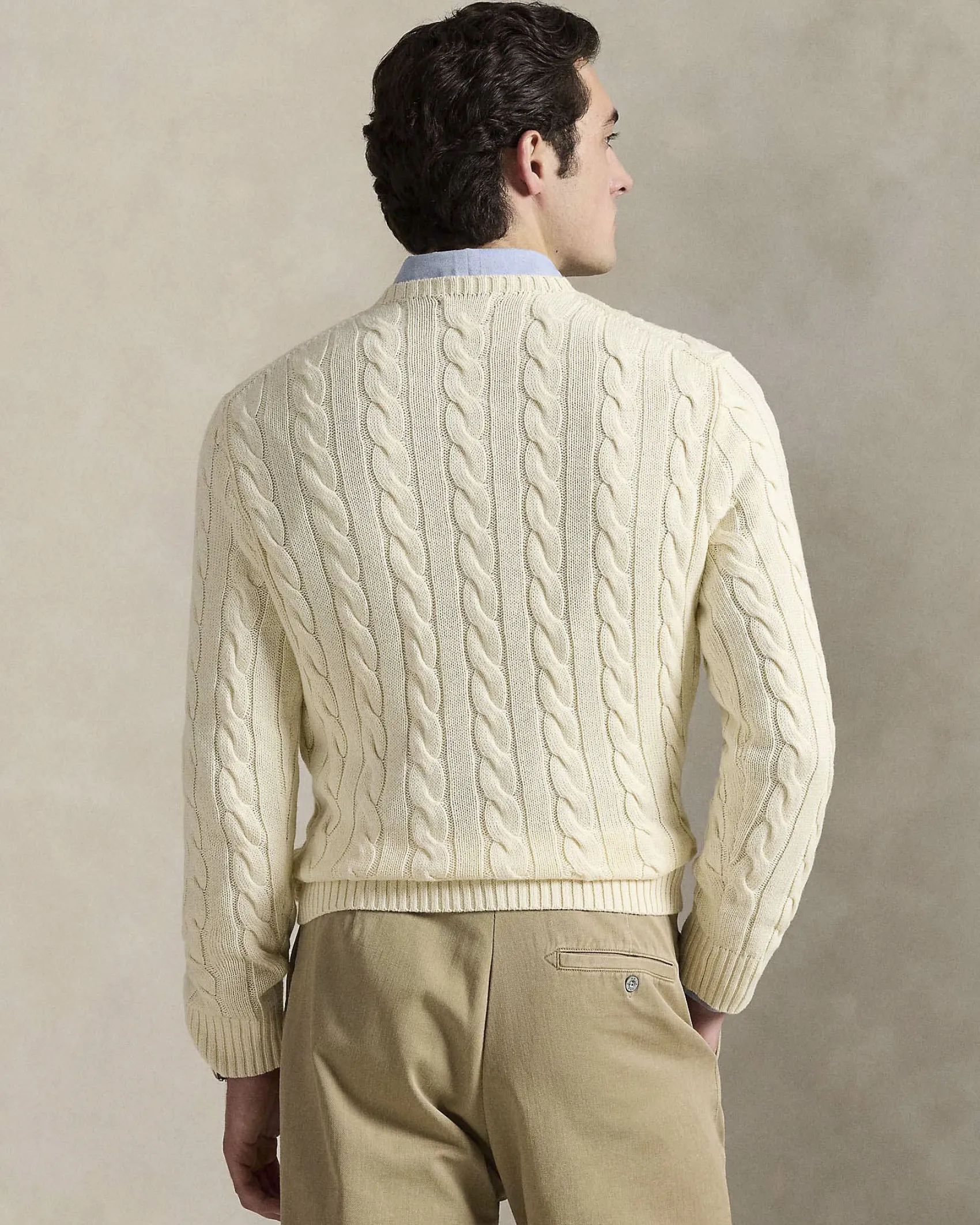 Maglia girocollo Polo Ralph Lauren color panna in cotone a trecce con logo pony blu ricamato sul petto