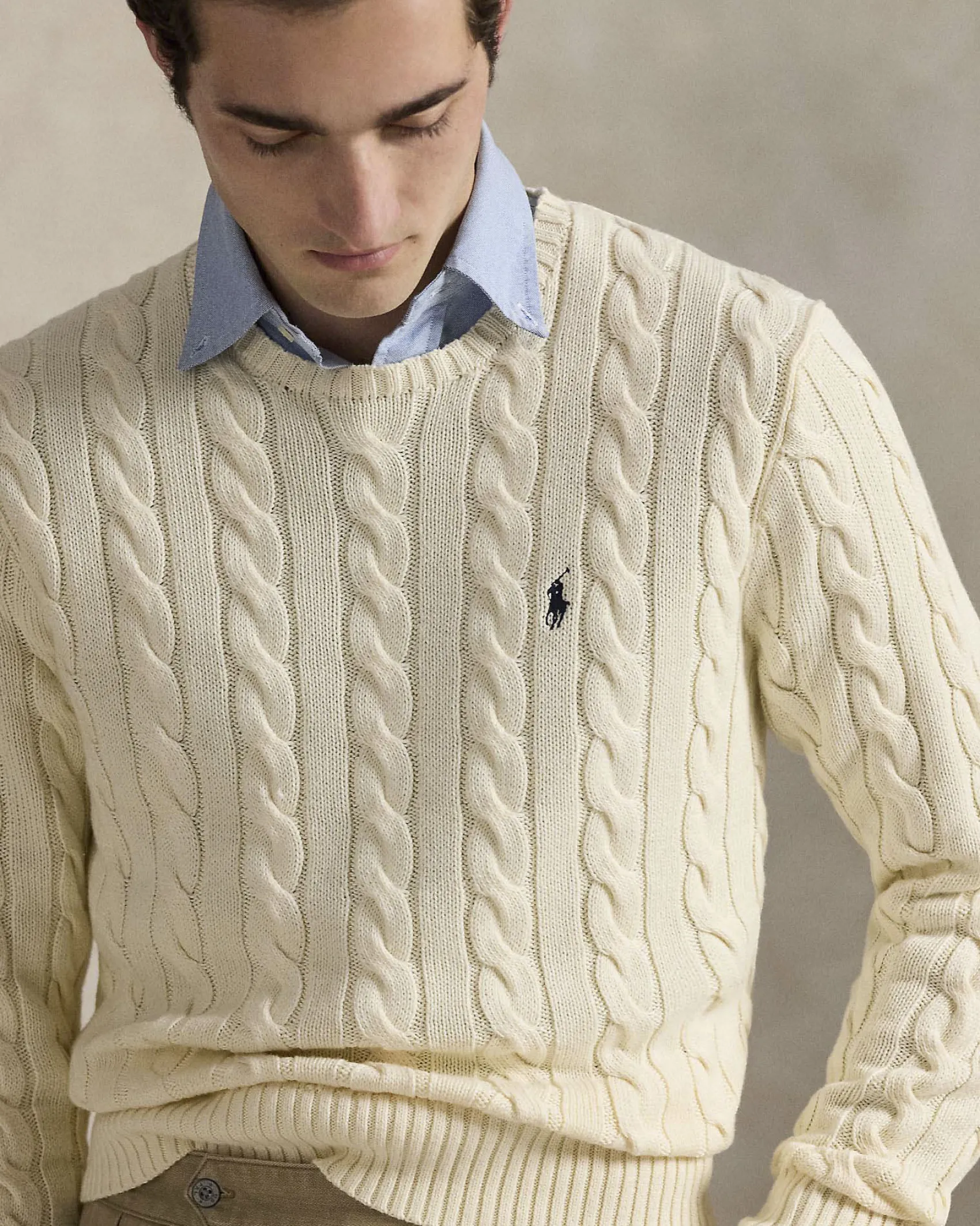 Maglia girocollo Polo Ralph Lauren color panna in cotone a trecce con logo pony blu ricamato sul petto