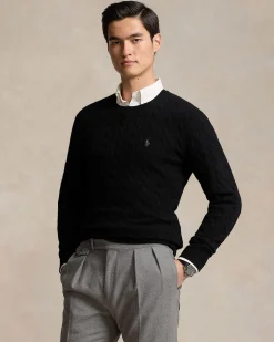 Maglia girocollo Polo Ralph Lauren nera in lana e cashmere lavorata a trecce con logo pony ricamato in tono