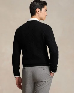 Maglia girocollo Polo Ralph Lauren nera in lana e cashmere lavorata a trecce con logo pony ricamato in tono