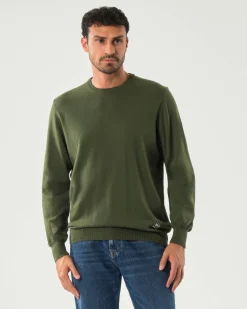 Maglia girocollo Roy Roger's verde militare regular-fit in puro cotone con patch logo sul fianco
