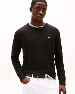 Maglia girocollo Tommy Jeans nera in puro cotone con logo flag piccolo ricamato sul petto