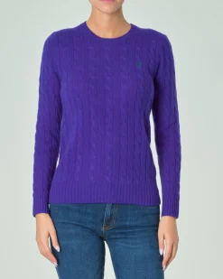 Maglia girocollo viola in lana e cashmere a trecce con logo ricamato